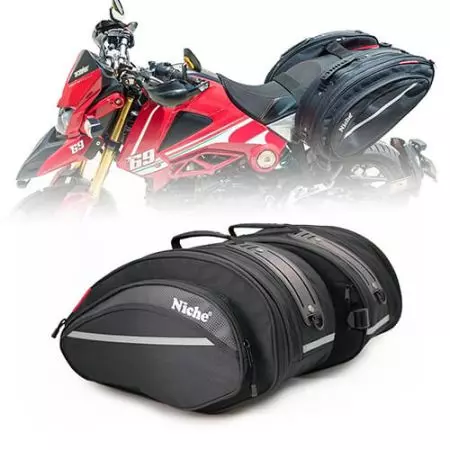 Bolsas de sillín para motocicleta de forma redonda al por mayor - Bolsas de sillín deportivas para motocicleta con sistema de montaje universal, compartimento principal expandible y cubierta impermeable incluida (tamaño L)